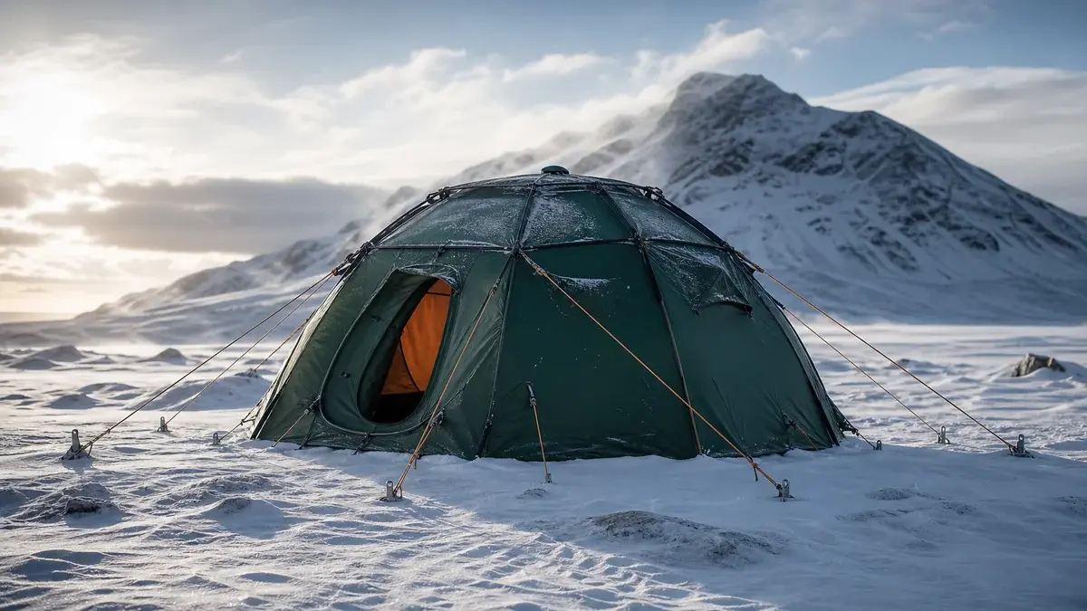 Grønt helårstelt bardunert på et snødekt høyfjell