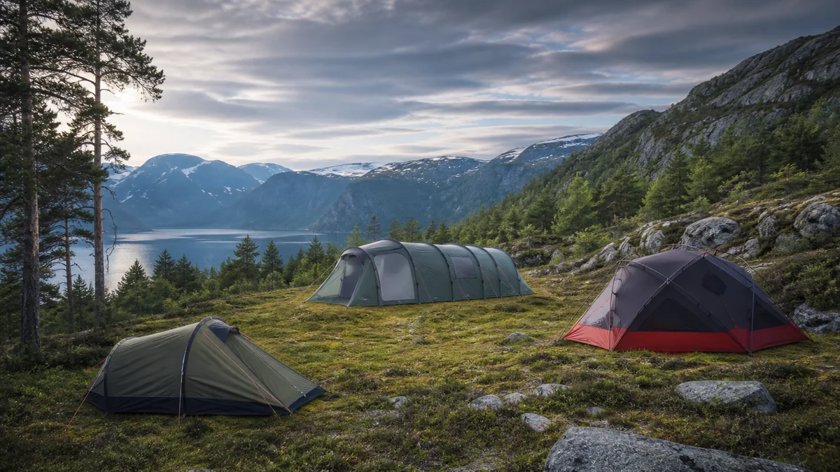 Tre ulike telttyper i et norsk fjell- og fjordlandskap